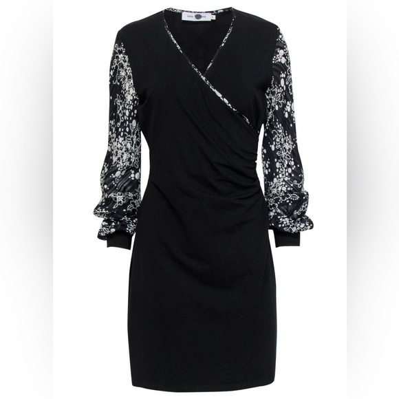 🪽Anne Fontaine - Silk Black Long Sleeve Ruched Dress w/ Spotted Print Trim - Picture 1 of 8